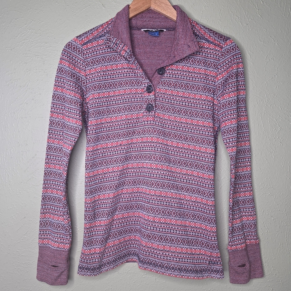 KAVU Lopez Spandex Button Up Crew Neck Sweater Yoga Outdoors Small